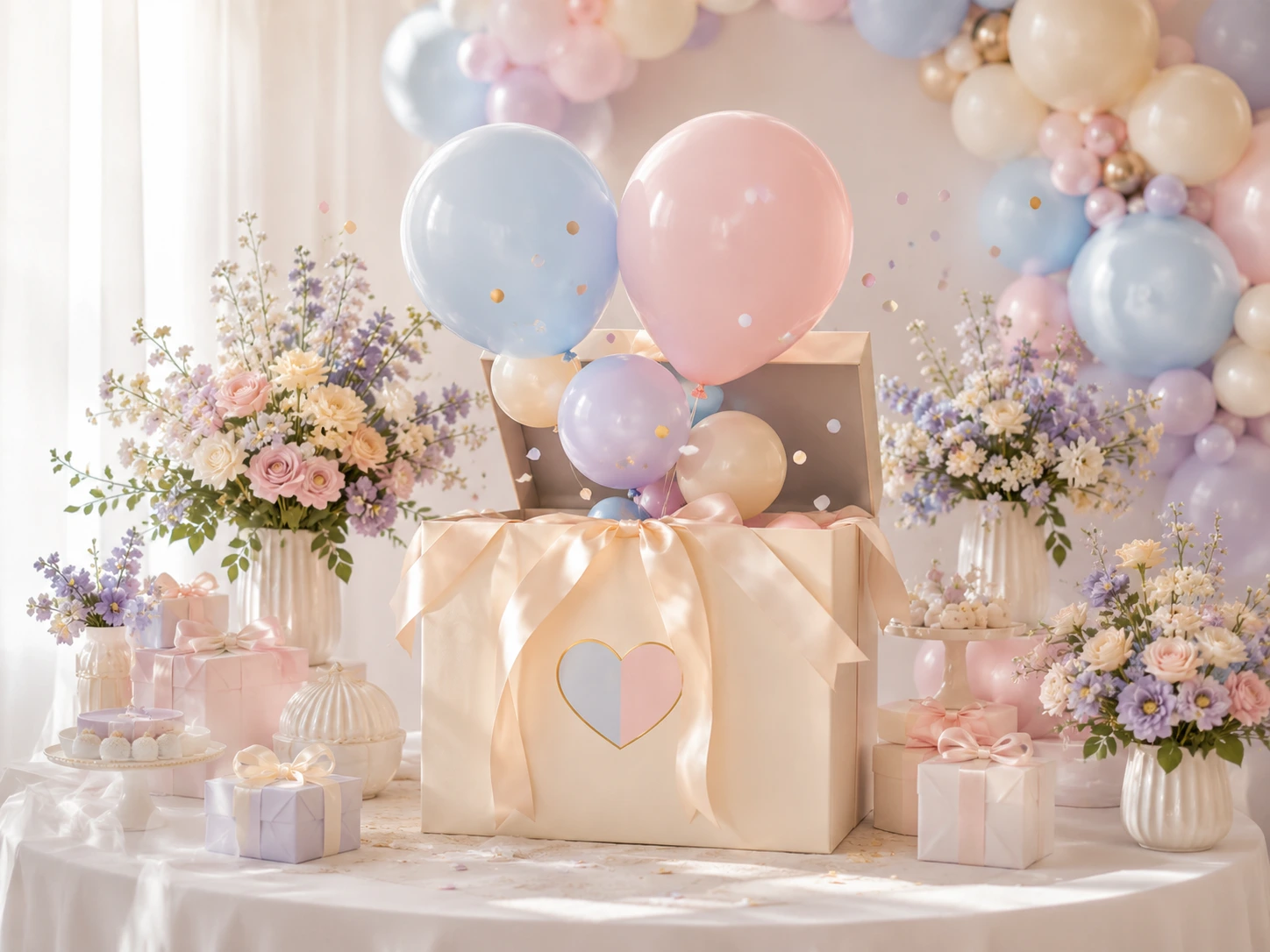 Caja sorpresa para gender reveal con globos en tonos pastel