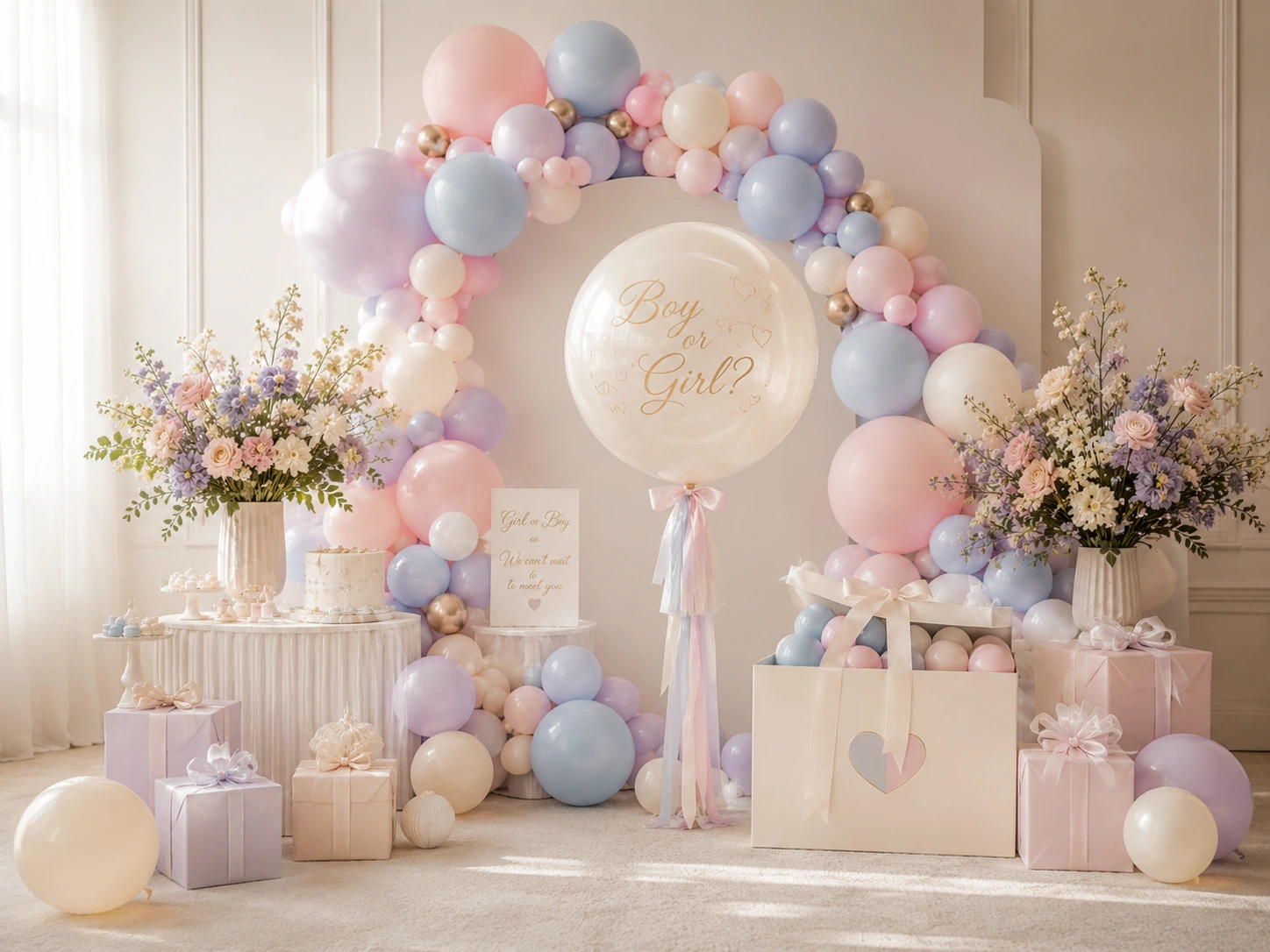 Arco de globos pastel para una revelación de género