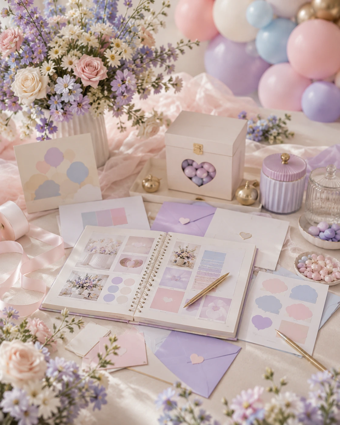 Mesa organizada con detalles para planear un gender reveal elegante