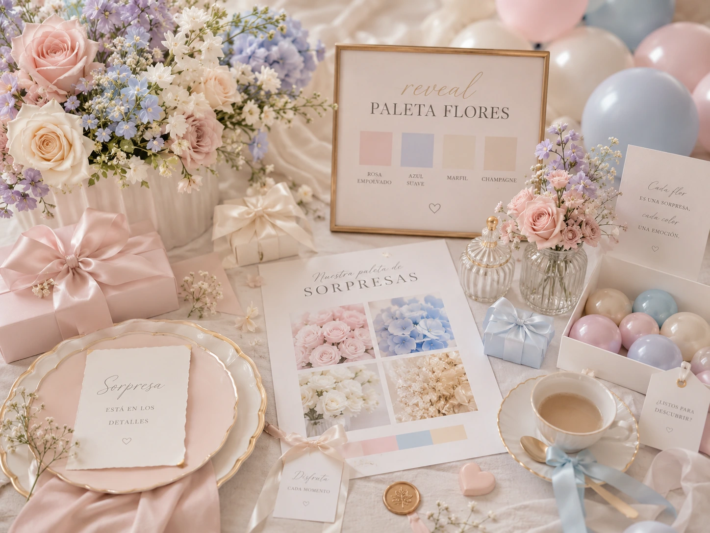 Paleta floral con rosa empolvado, azul suave y champagne