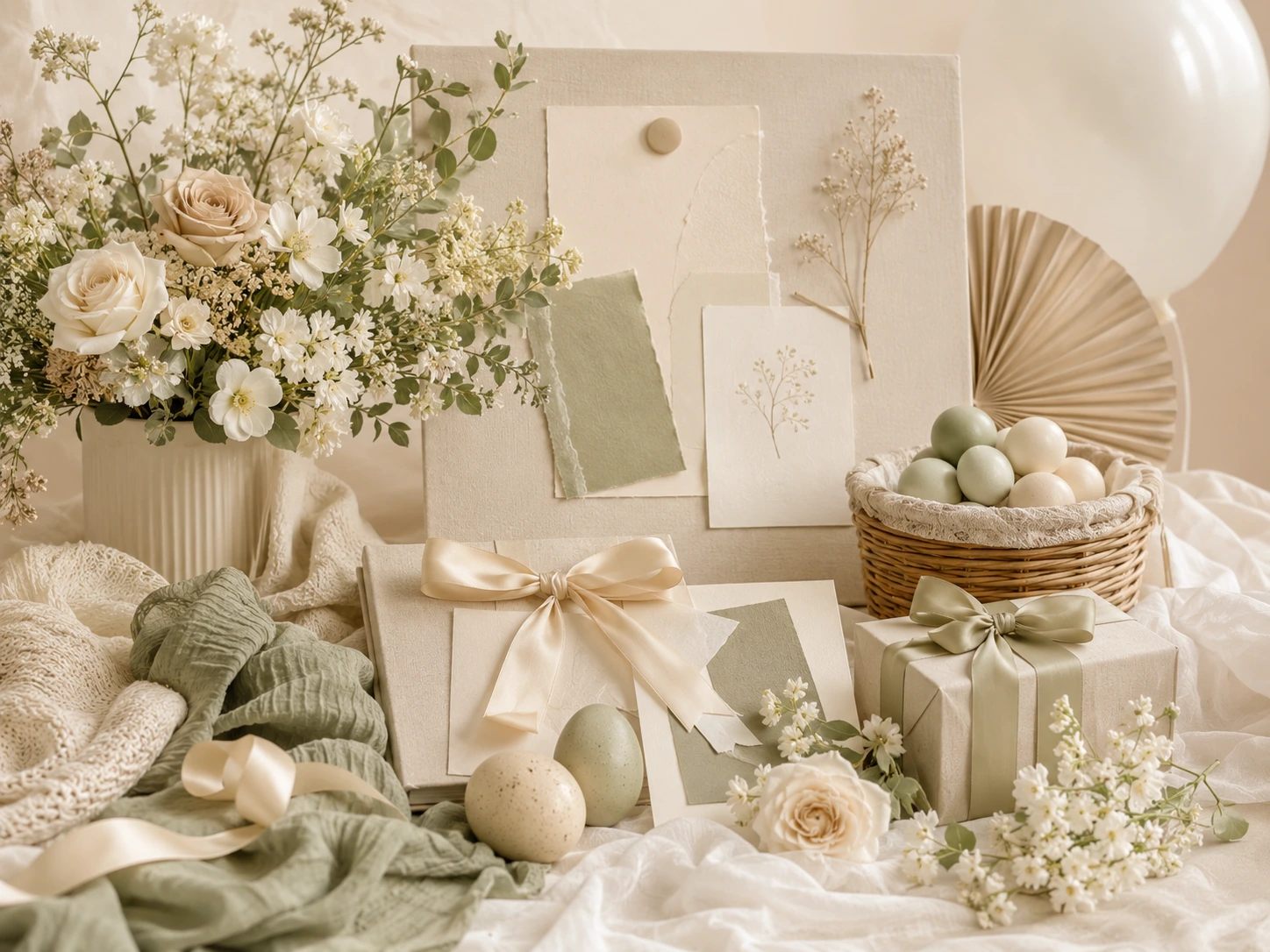 Paleta natural en arena, salvia y tonos neutros para gender reveal