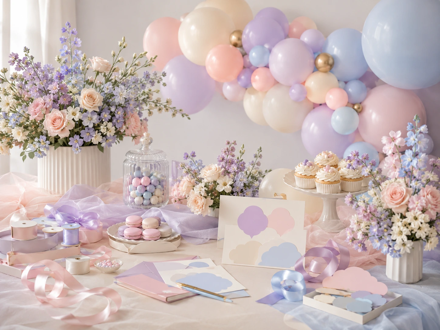 Paleta lavanda, azul nube y crema para gender reveal