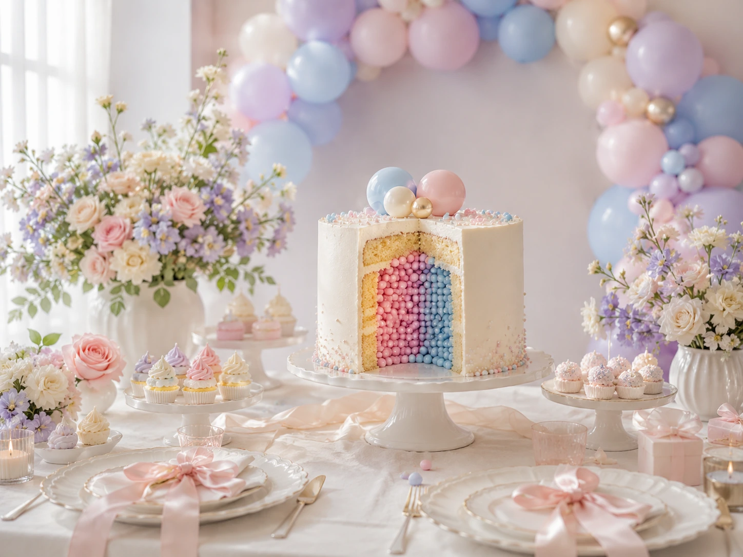 Pastel elegante para gender reveal con centro sorpresa