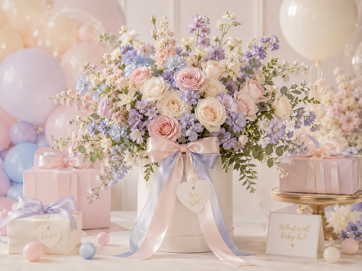 Ramo de flores en tonos pastel para gender reveal
