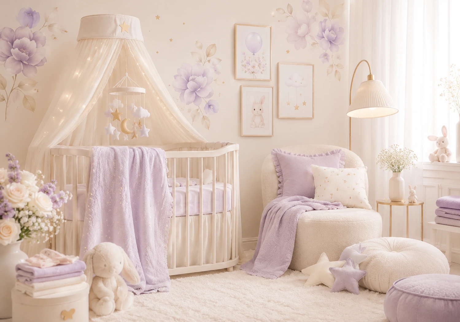 Habitación de bebé en tonos crema y lavanda