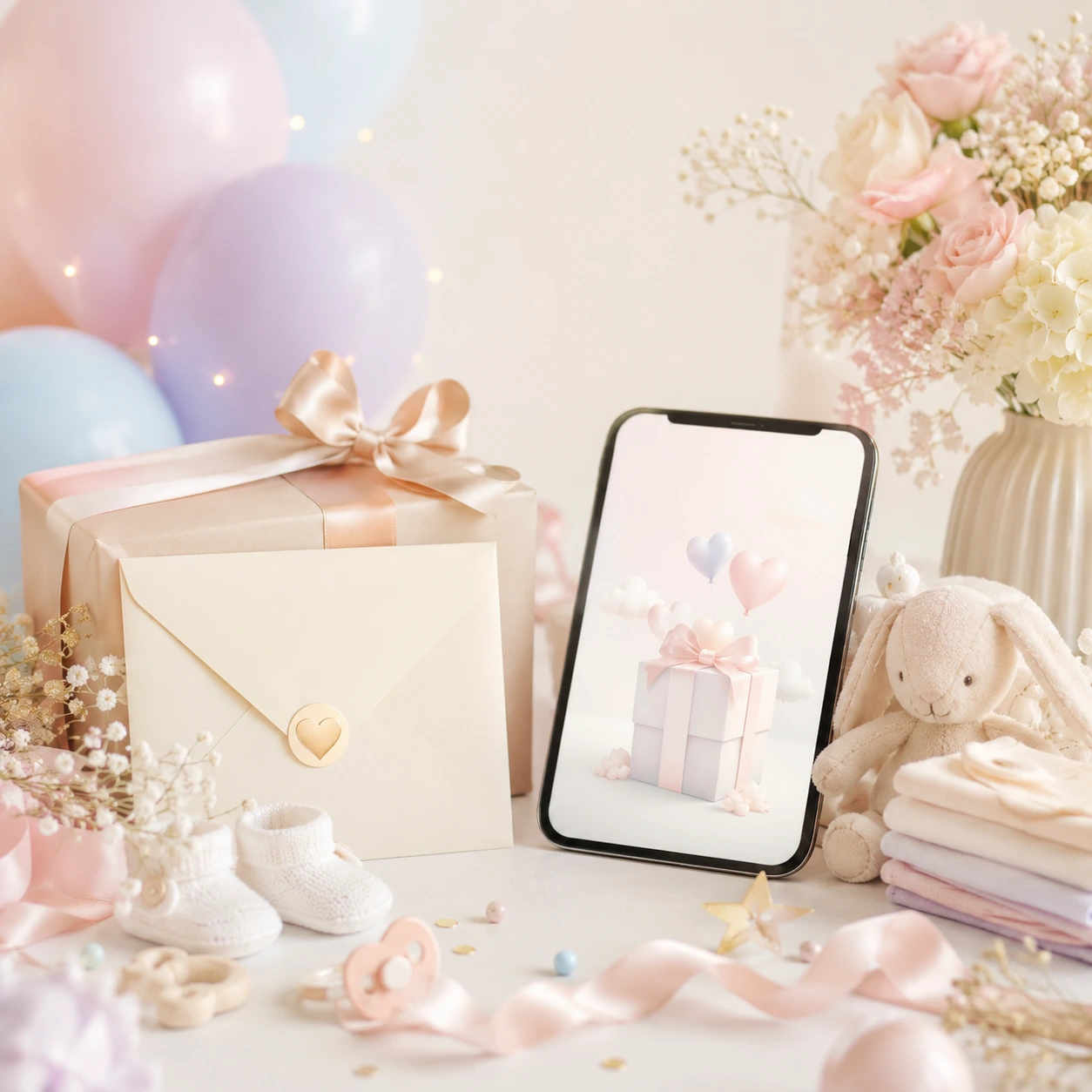 Regalo virtual para baby shower con detalles pastel