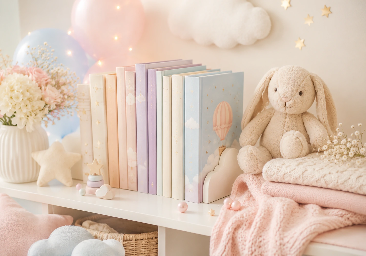 Libros infantiles y peluche en una repisa de cuarto de bebé