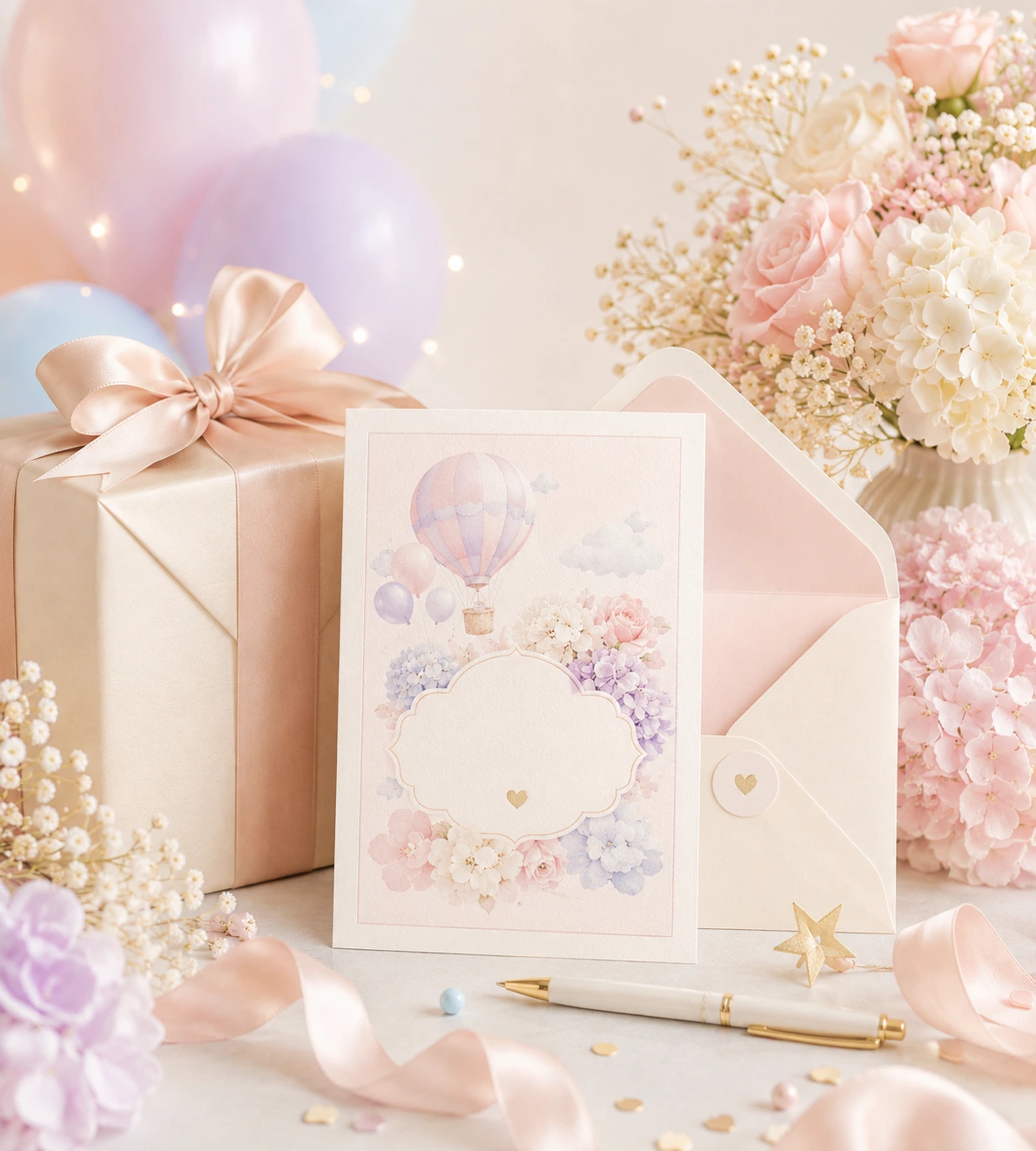 Tarjeta de invitación de baby shower junto a un regalo en tonos pastel