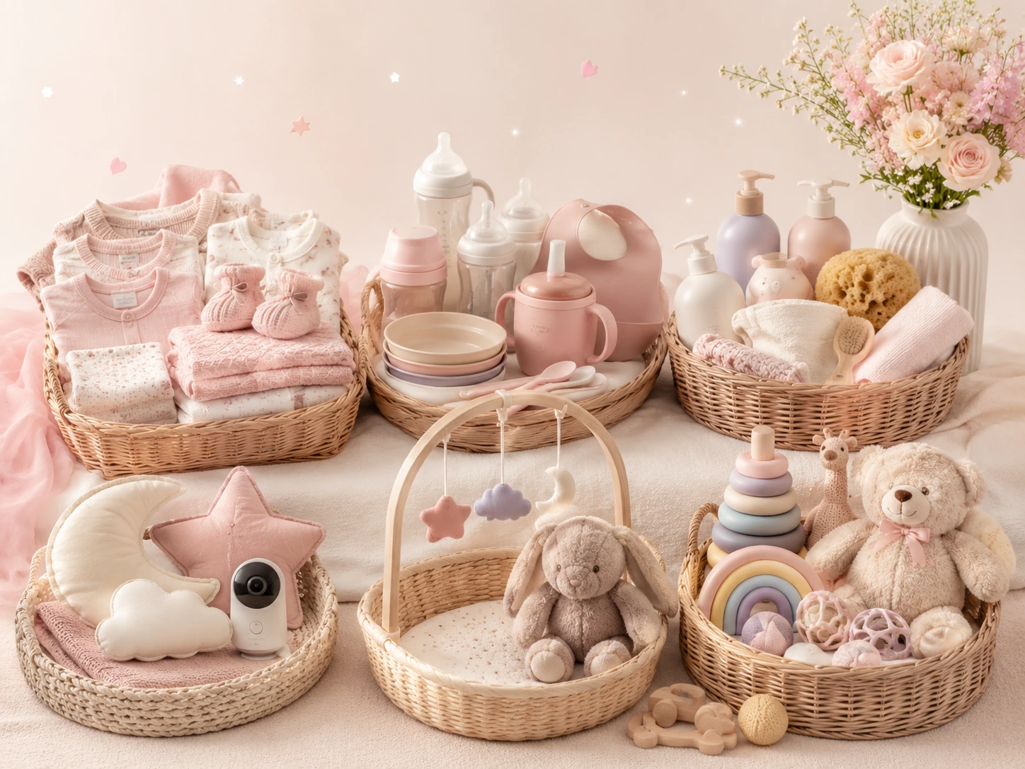 Canasta de regalos organizada por categorías para bebé