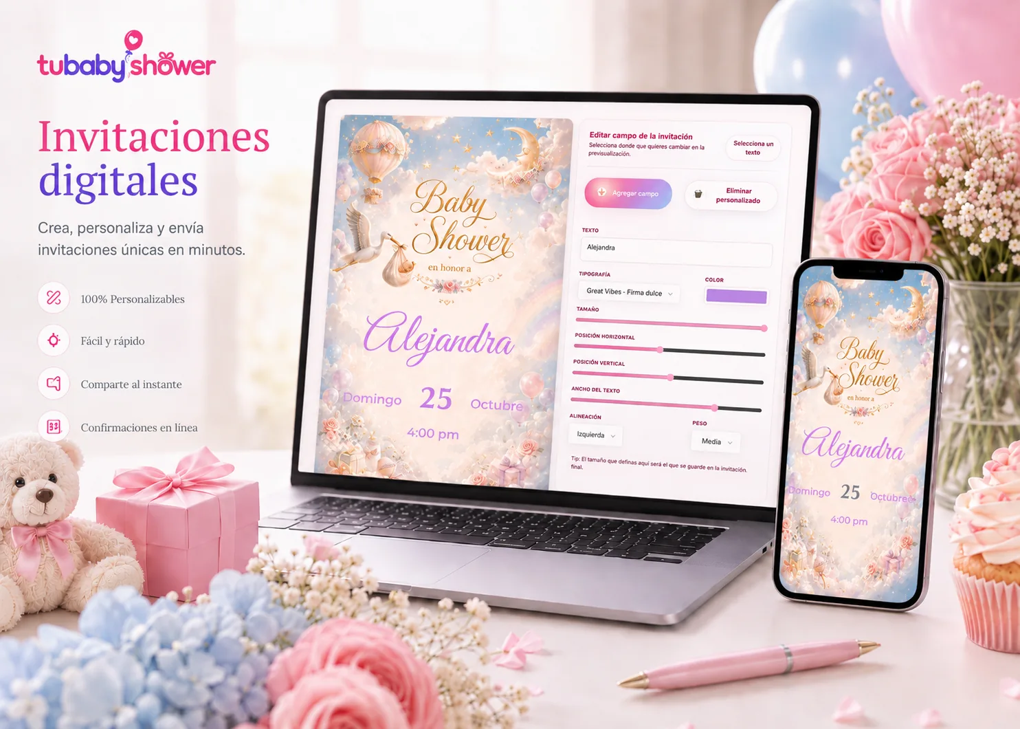 Invitaciones digitales premium de TuBabyShower en computadora y celular